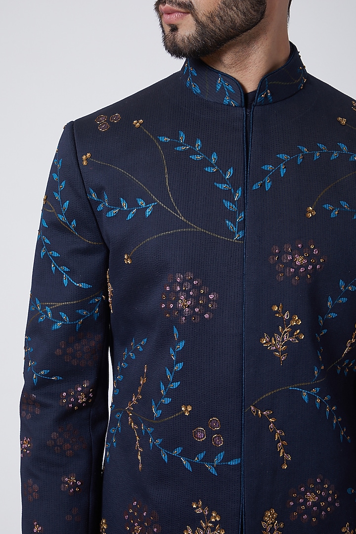 Midnight Blue Hand Painted Achkan Jacket by Jatin Malik at Pernia's Pop Up Shop