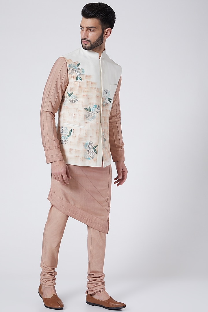 Ivory Slub Silk Hand Painted Nehru Jacket Set by Jatin Malik at Pernia's Pop Up Shop