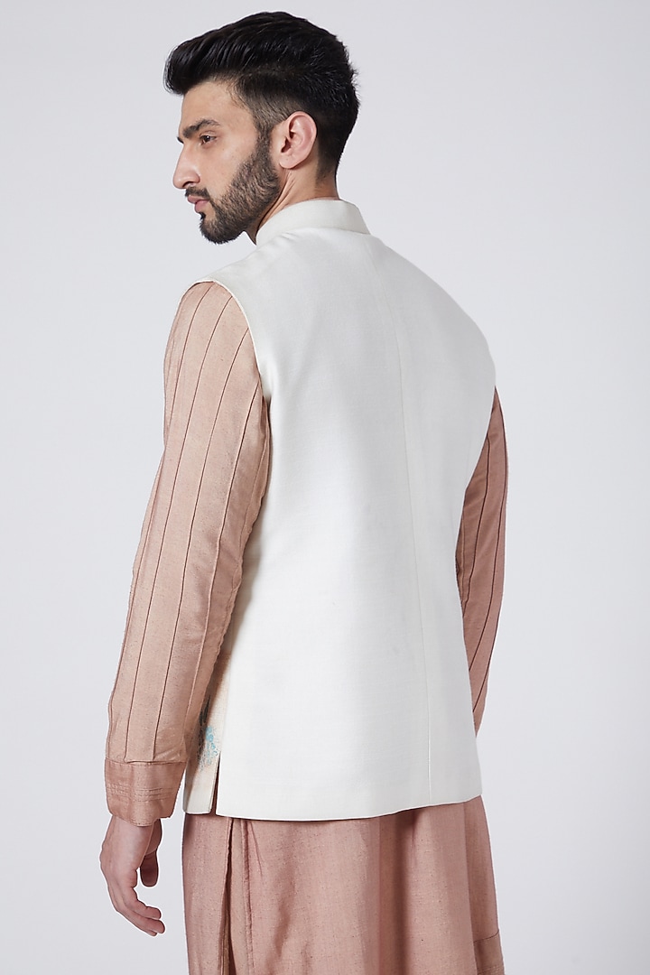 Ivory Slub Silk Hand Painted Nehru Jacket Set by Jatin Malik at Pernia's Pop Up Shop