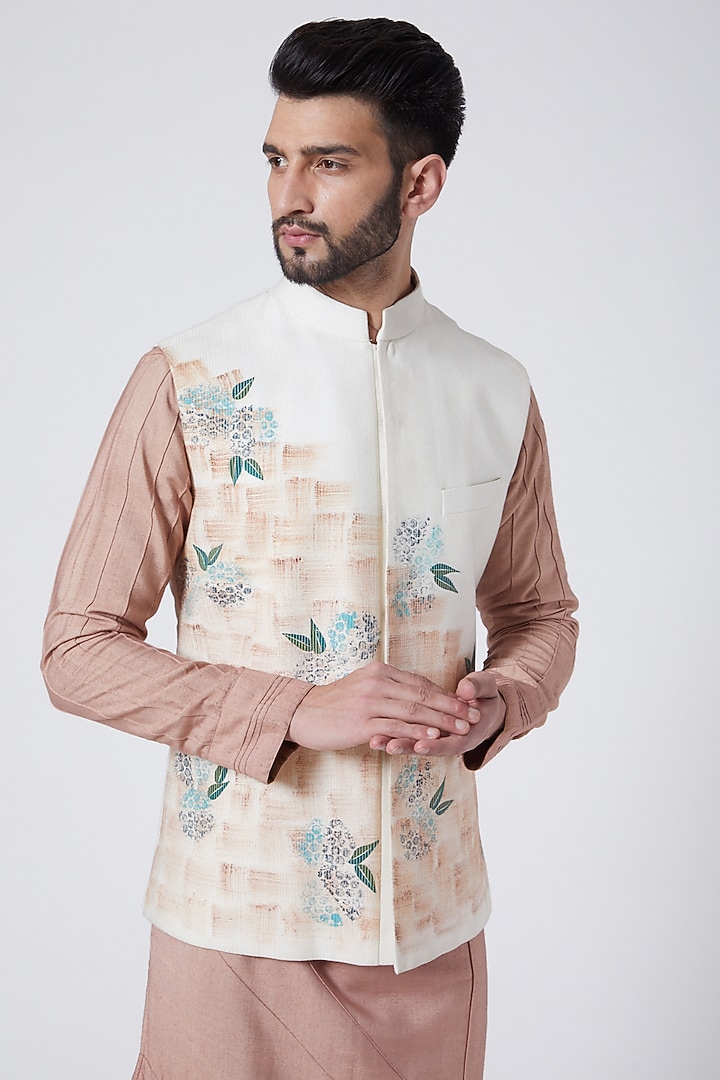 Ivory Slub Silk Hand Painted Nehru Jacket Set by Jatin Malik at Pernia's Pop Up Shop