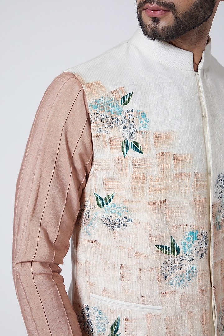 Ivory Slub Silk Hand Painted Nehru Jacket Set by Jatin Malik at Pernia's Pop Up Shop