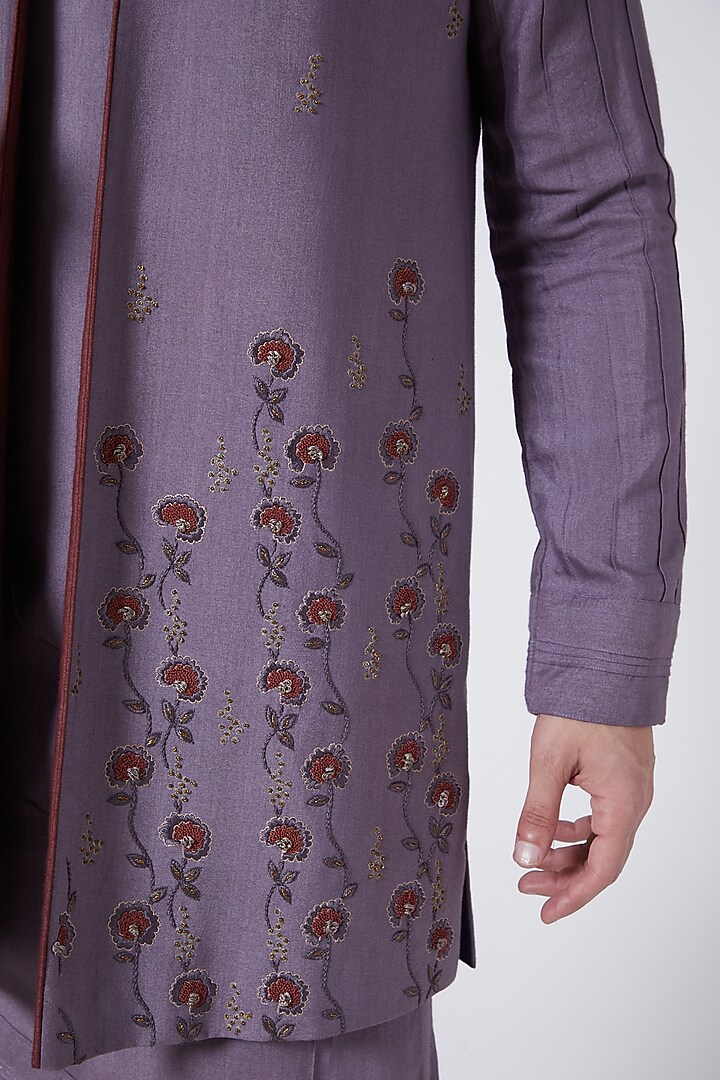 English Purple Cotton Silk Asymmetric Kurta Set by Jatin Malik at Pernia's Pop Up Shop