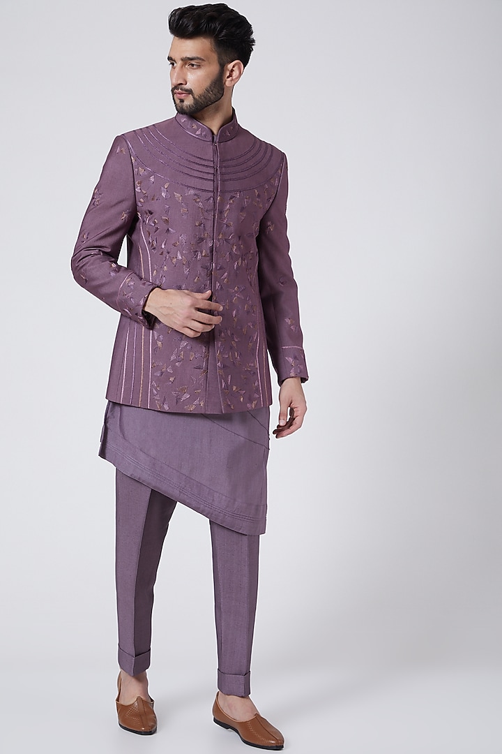 English Purple Embroidered Bandhgala Jacket Set by Jatin Malik