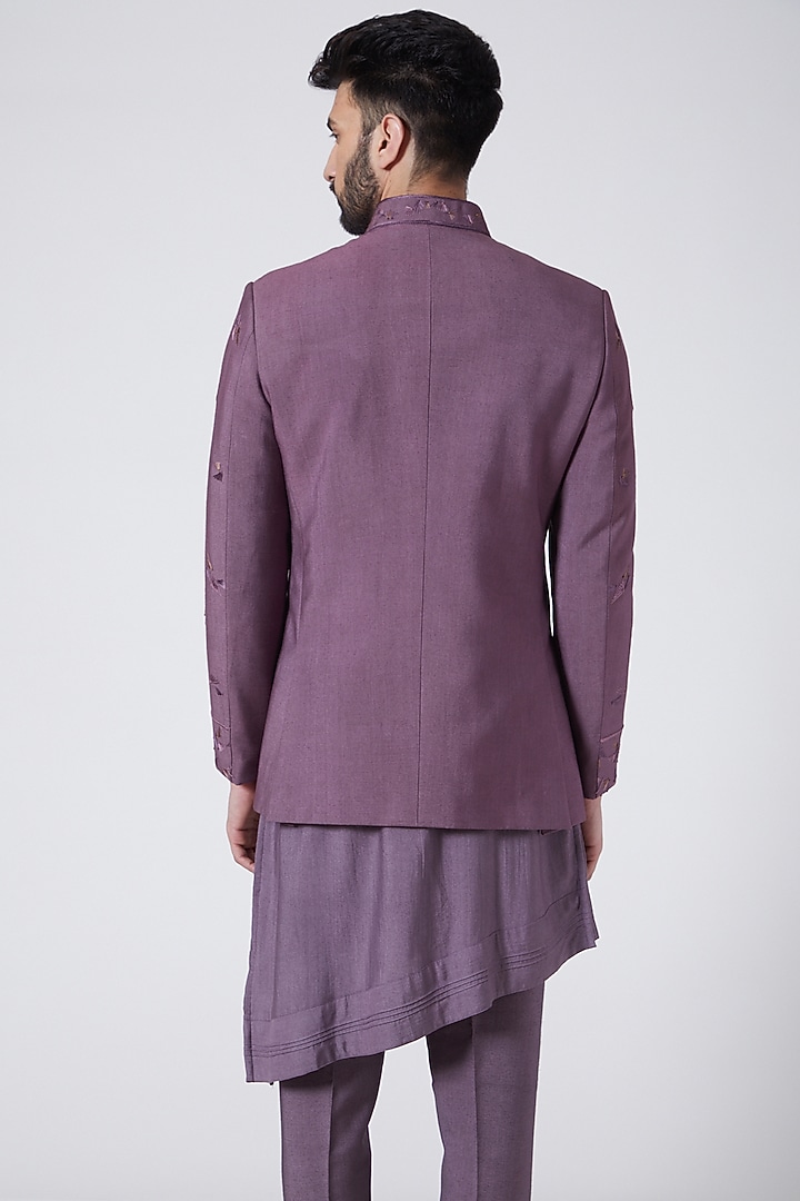 English Purple Slub Silk Embroidered Groom Bandhgala Jacket Set by Jatin Malik at Pernia's Pop Up Shop