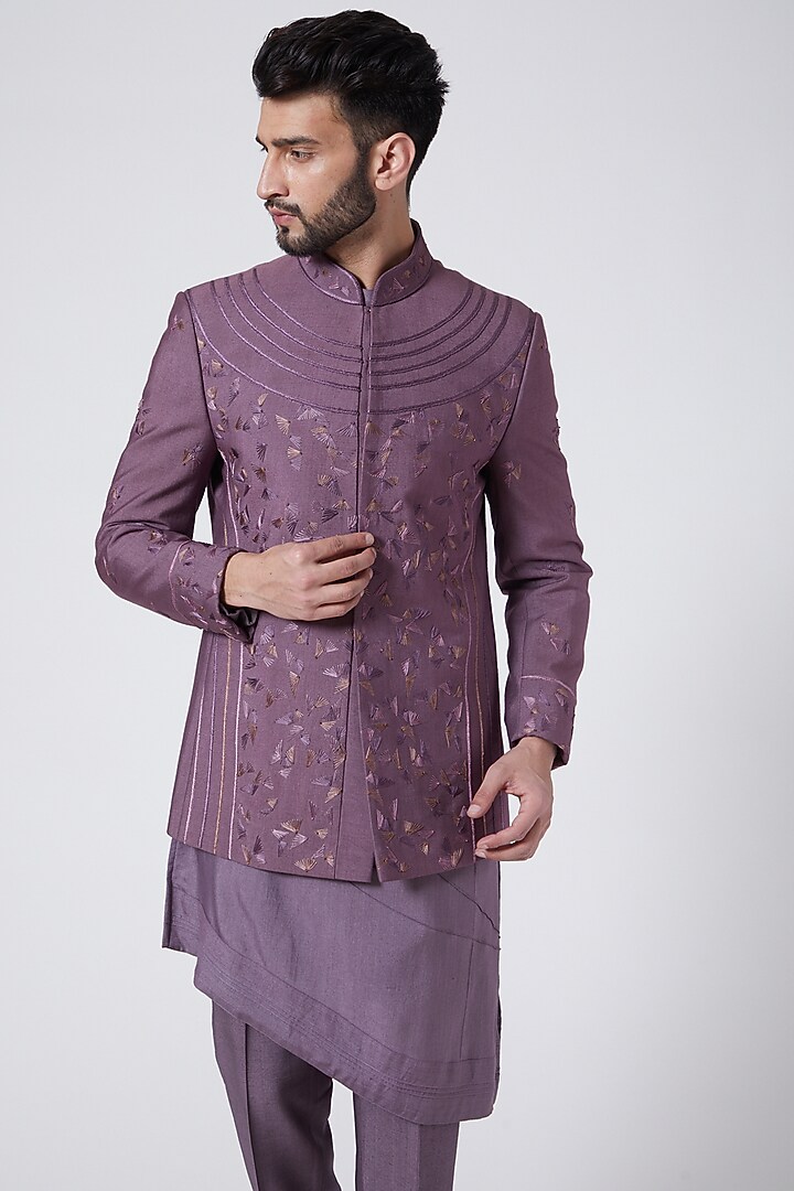 English Purple Slub Silk Embroidered Groom Bandhgala Jacket Set by Jatin Malik at Pernia's Pop Up Shop