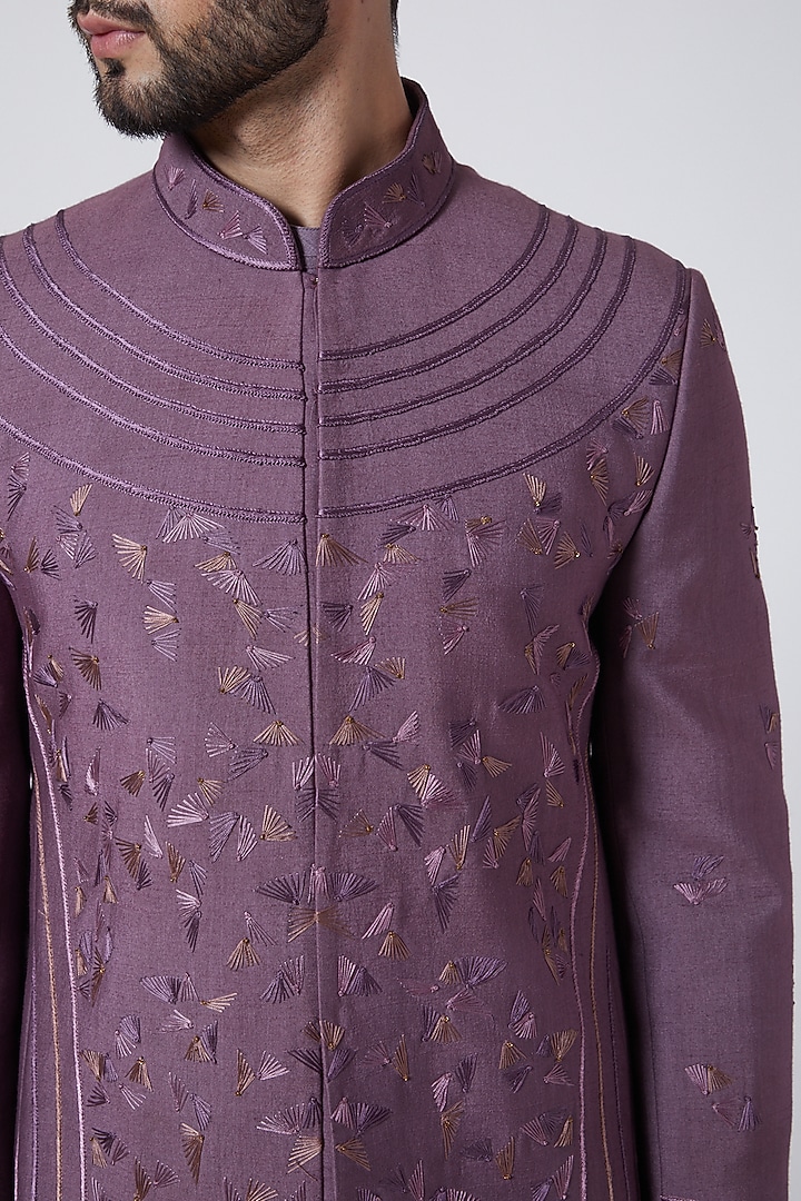 English Purple Slub Silk Embroidered Groom Bandhgala Jacket Set by Jatin Malik at Pernia's Pop Up Shop