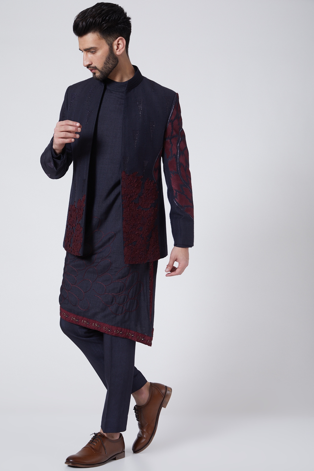 Peach Mens Kurta Pajama With Embroidered Jacket – Rivesse.com