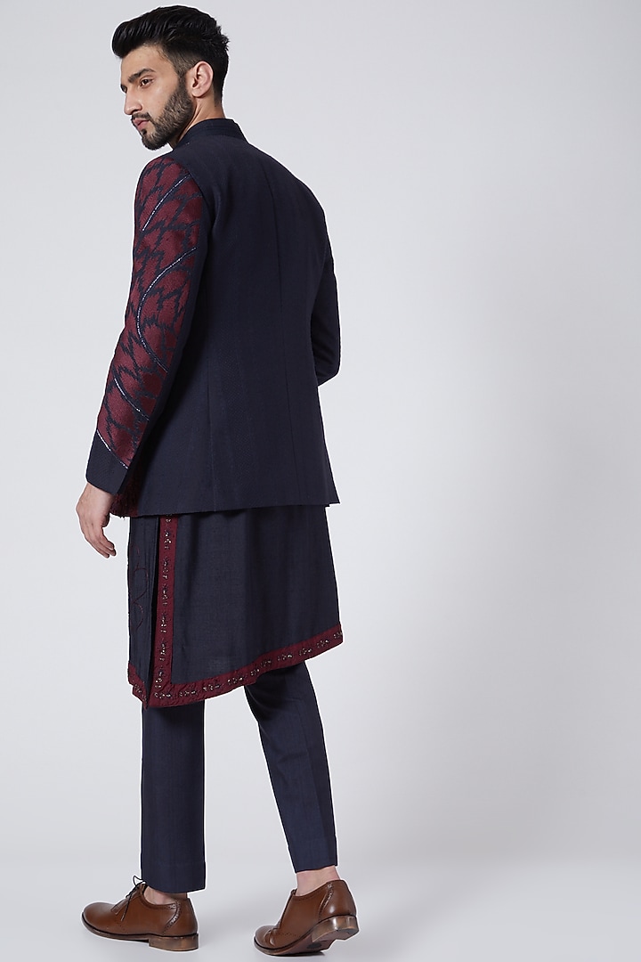 Midnight Blue Embroidered Kurta Set With Jacket by Jatin Malik at Pernia's Pop Up Shop