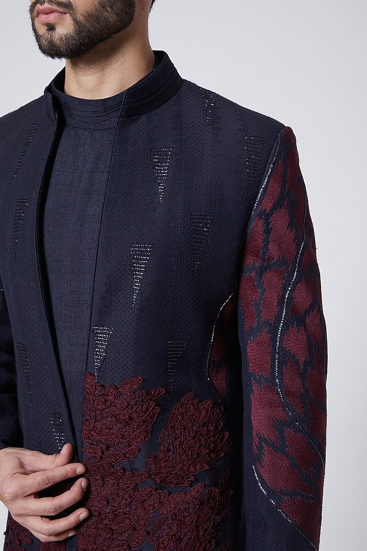 Midnight Blue Embroidered Kurta Set With Jacket by Jatin Malik at Pernia's Pop Up Shop