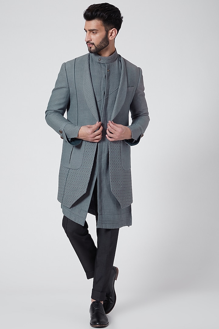 Grey Textured Cotton Kurta Set With Shrug by Jatin Malik at Pernia's Pop Up Shop