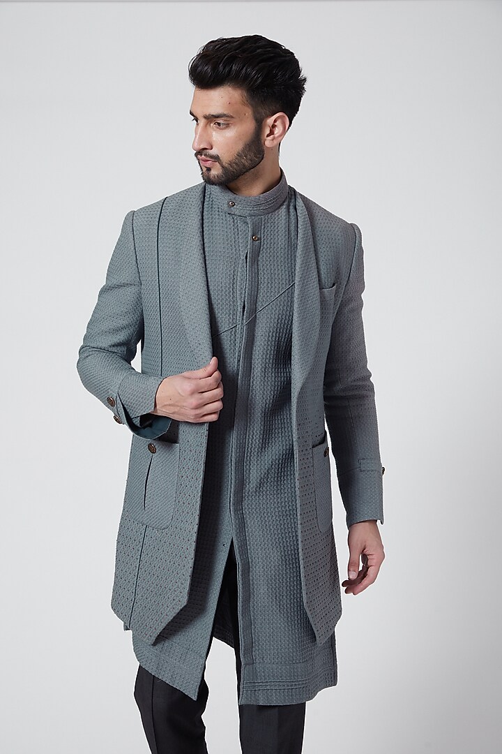 Grey Textured Cotton Kurta Set With Shrug by Jatin Malik at Pernia's Pop Up Shop