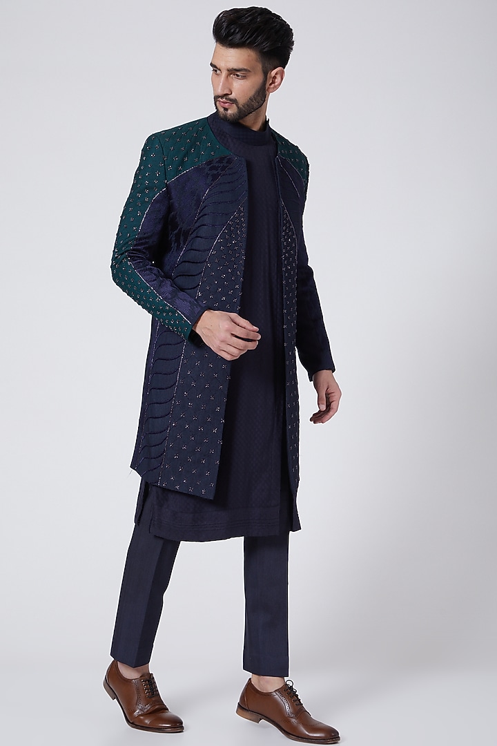 Midnight Blue Hand Painted Indo-Western Jacket Set by Jatin Malik at Pernia's Pop Up Shop