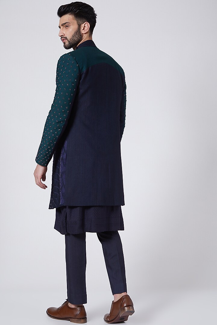 Midnight Blue Hand Painted Indo-Western Jacket Set by Jatin Malik at Pernia's Pop Up Shop