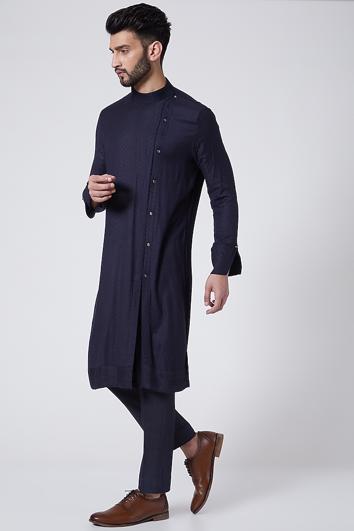 Midnight Blue Hand Painted Indo-Western Jacket Set by Jatin Malik at Pernia's Pop Up Shop