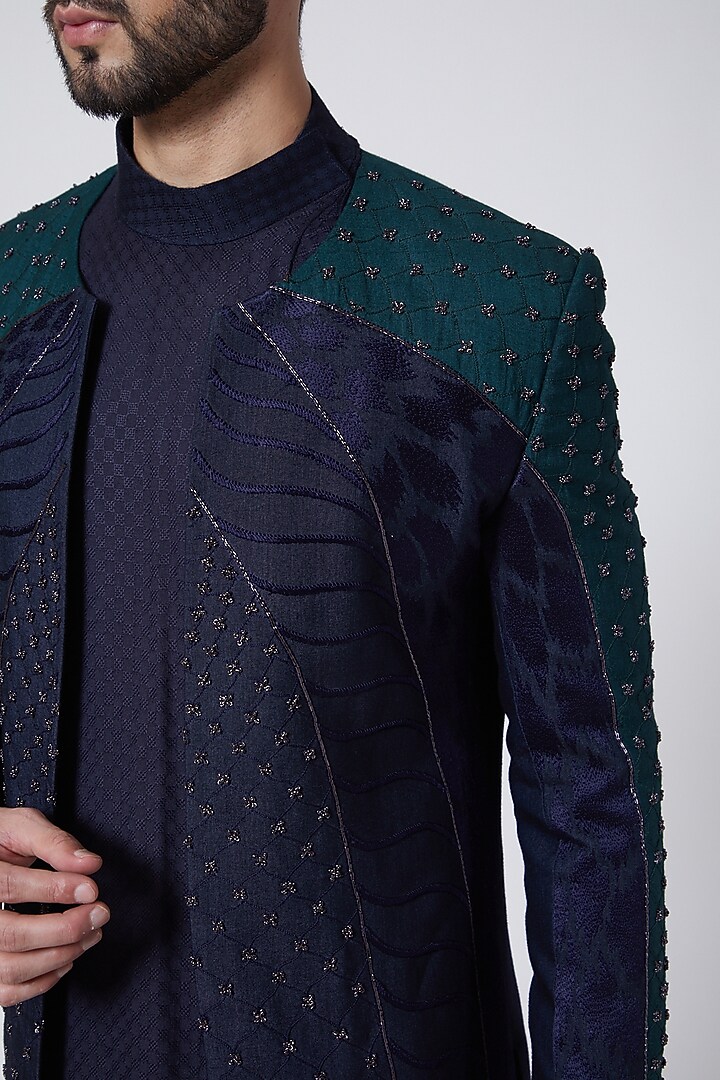 Midnight Blue Hand Painted Indo-Western Jacket Set by Jatin Malik at Pernia's Pop Up Shop