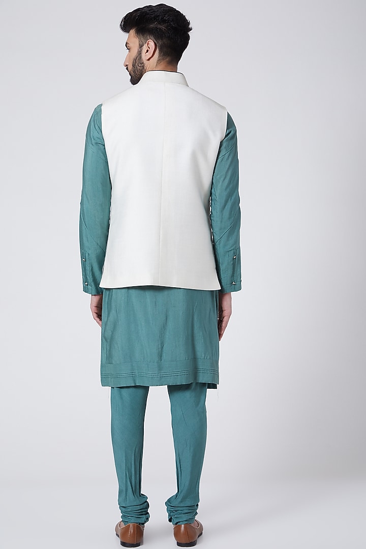 Ivory Slub Silk Hand Textured Nehru Jacket Set by Jatin Malik at Pernia's Pop Up Shop