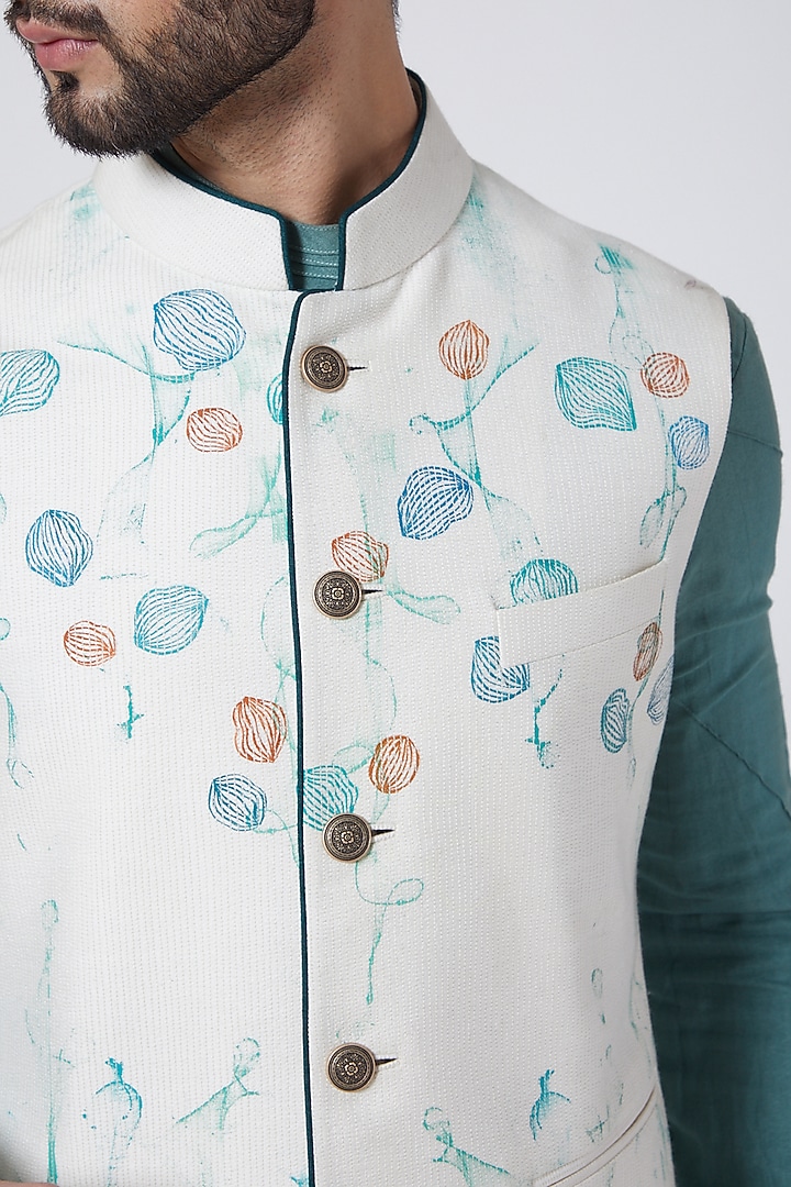 Ivory Slub Silk Hand Textured Nehru Jacket Set by Jatin Malik at Pernia's Pop Up Shop