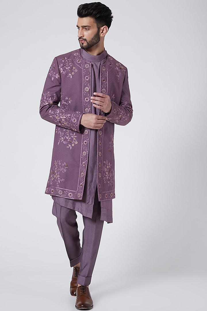 English Purple Embroidered Contemporary Jacket Set by Jatin Malik