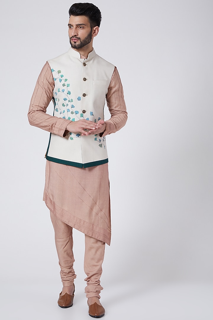 Ivory Slub Silk Hand Painted & Textured Nehru Jacket Set by Jatin Malik at Pernia's Pop Up Shop