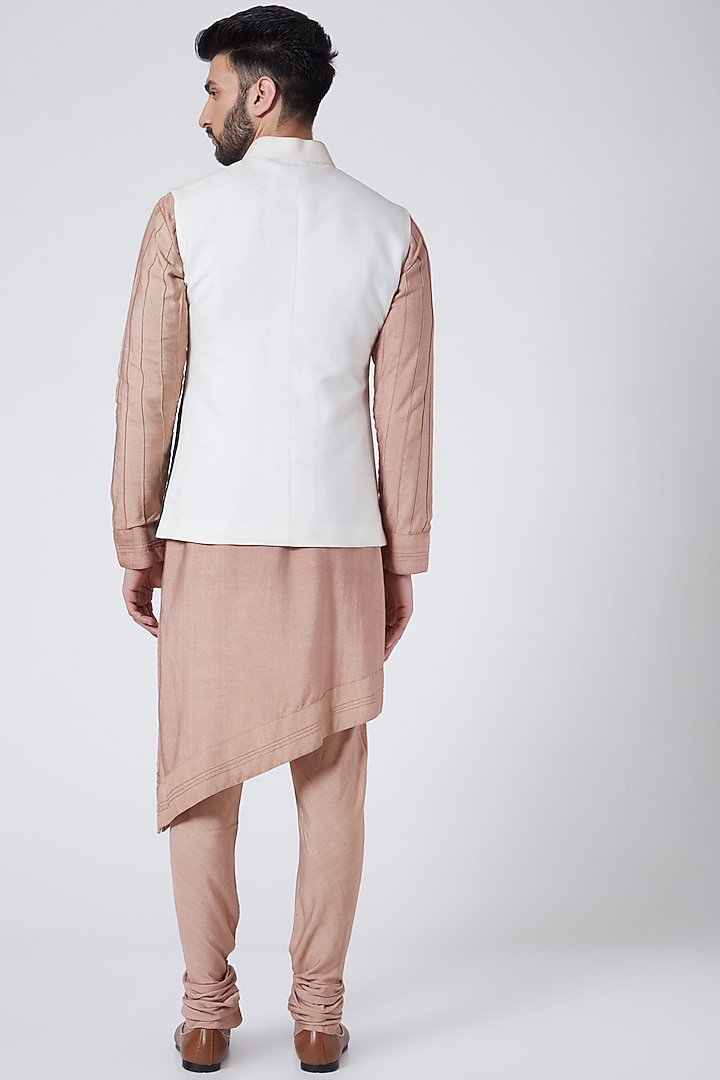 Ivory Slub Silk Hand Painted & Textured Nehru Jacket Set by Jatin Malik at Pernia's Pop Up Shop