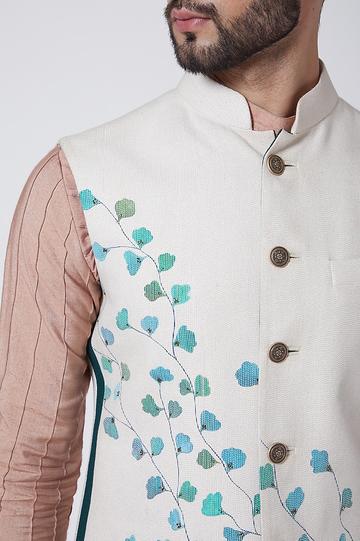Ivory Slub Silk Hand Painted & Textured Nehru Jacket Set by Jatin Malik at Pernia's Pop Up Shop