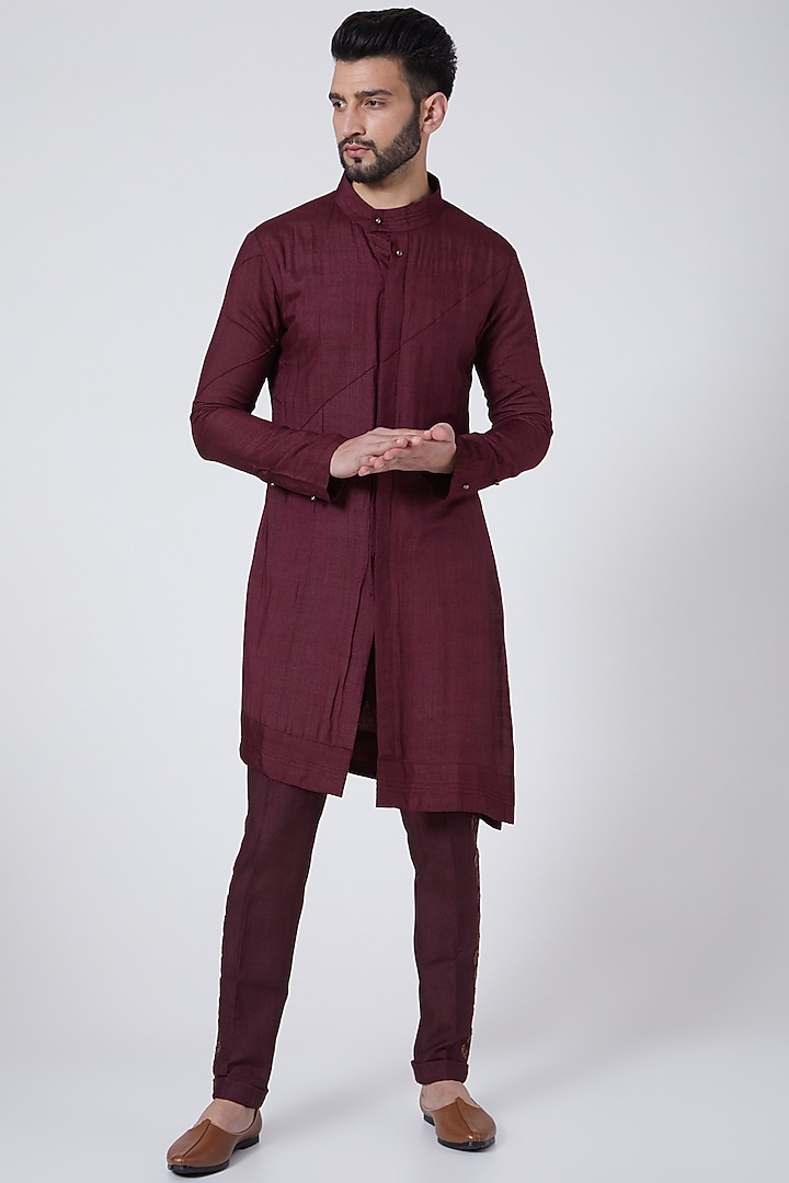 Wine Asymmetrical Kurta Set by Jatin Malik at Pernia's Pop Up Shop