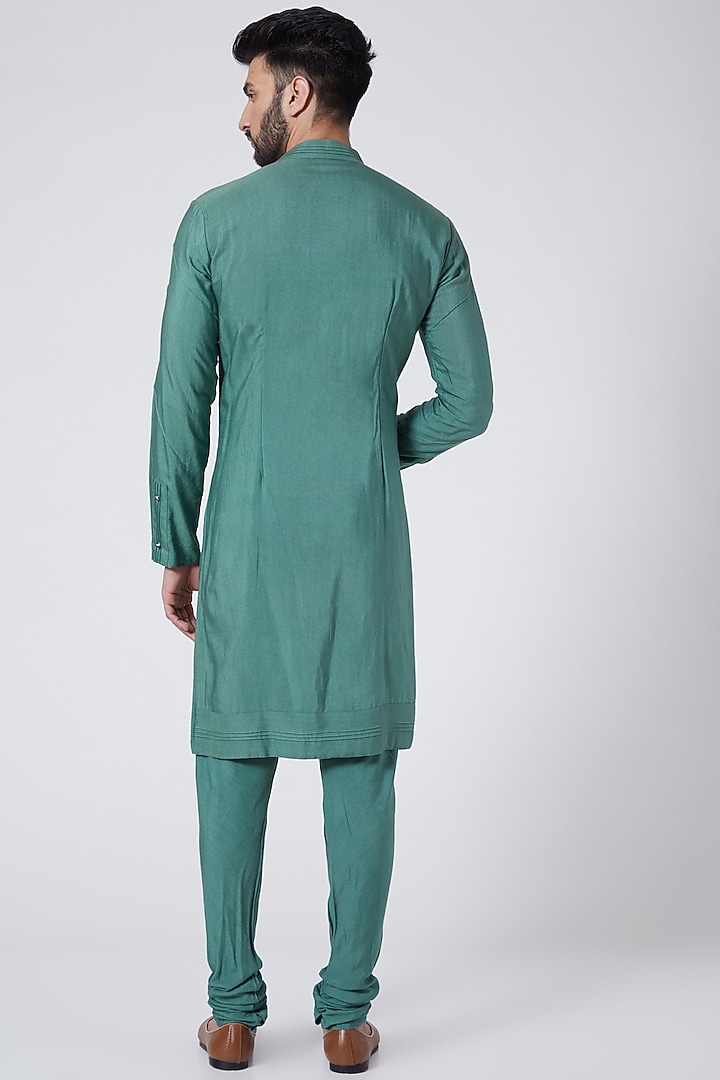 Sage Green Cotton & Silk Asymmetrical Kurta Set by Jatin Malik at Pernia's Pop Up Shop