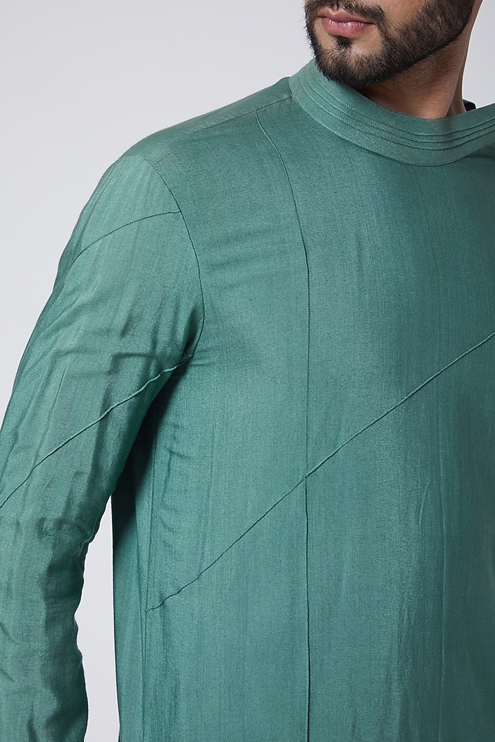Sage Green Cotton & Silk Asymmetrical Kurta Set by Jatin Malik at Pernia's Pop Up Shop