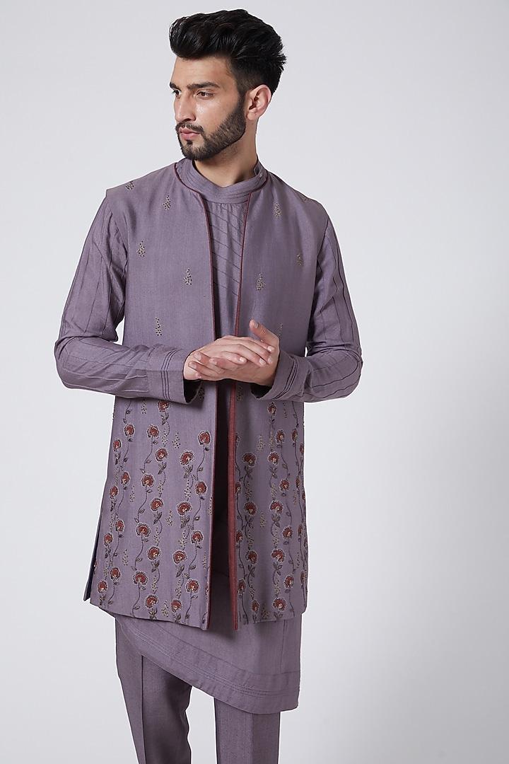 English Purple Embroidered Kurta Set With Shrug by Jatin Malik at Pernia's Pop Up Shop
