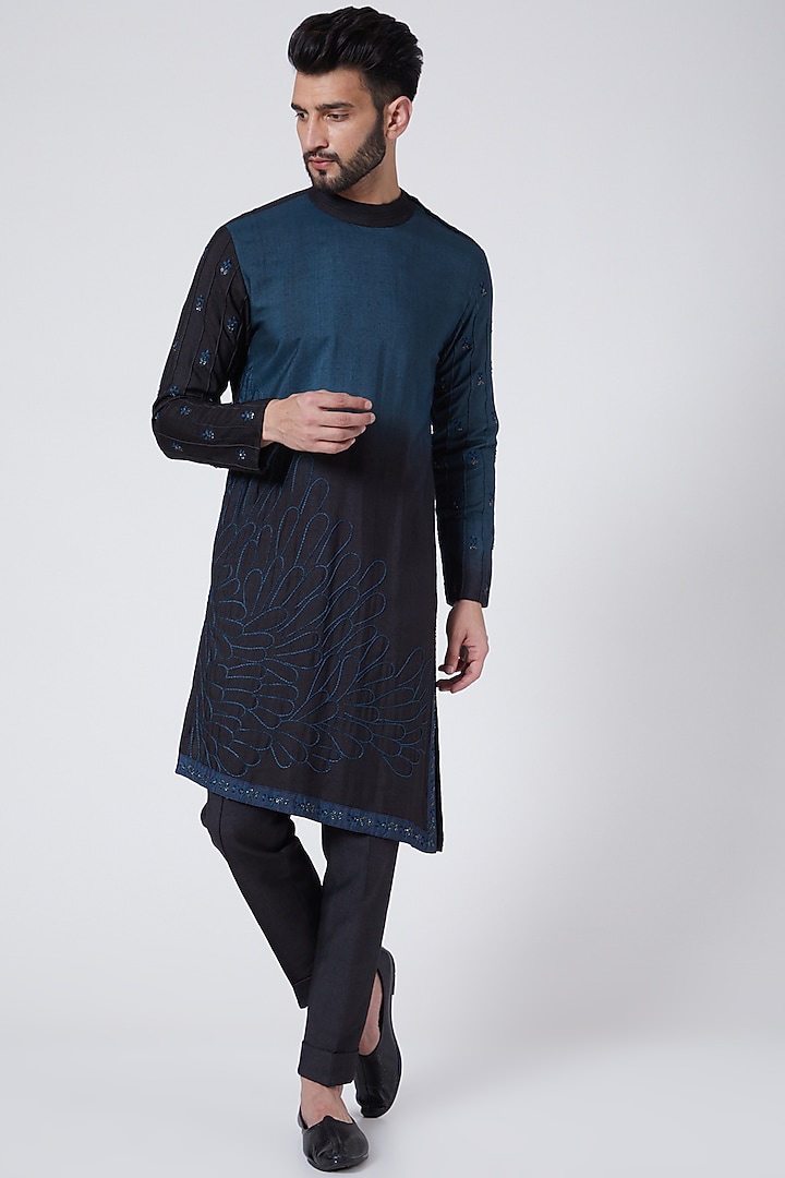 Midnight Blue & Teal Blue Kurta Set by Jatin Malik at Pernia's Pop Up Shop
