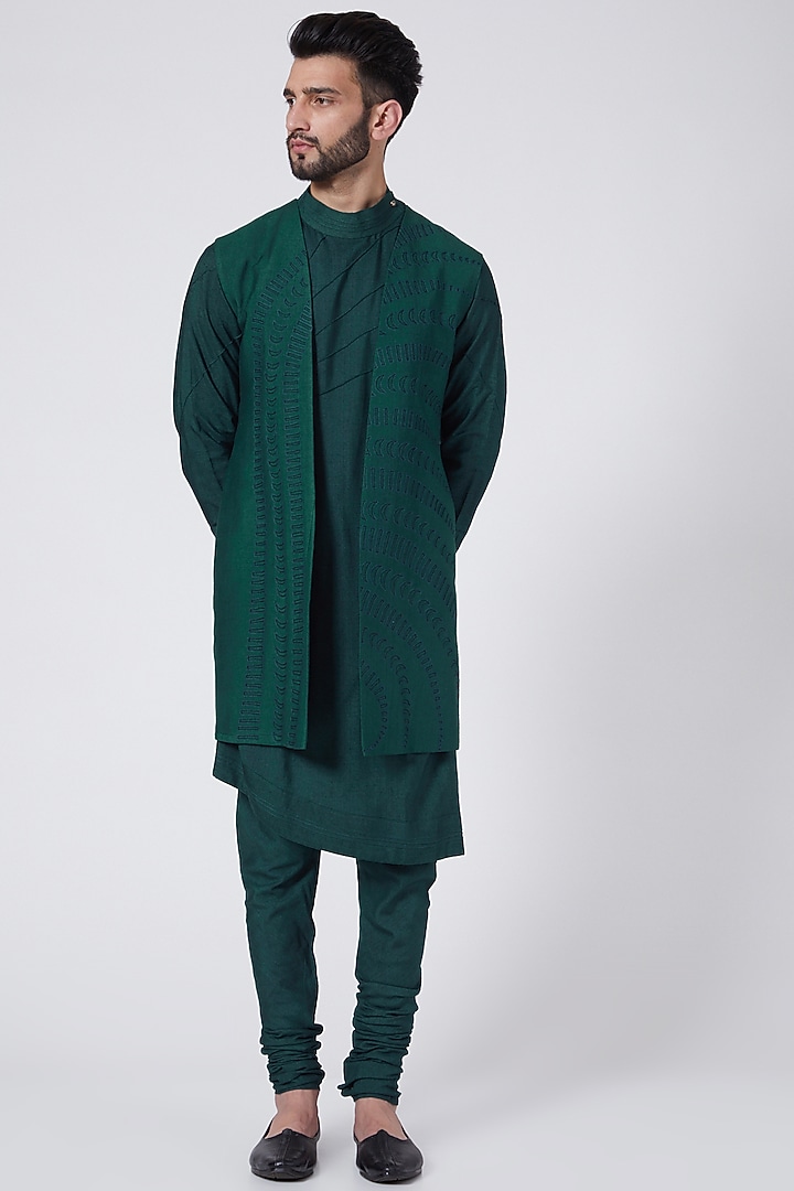 Teal Green Kurta Set With Shrug by Jatin Malik at Pernia's Pop Up Shop