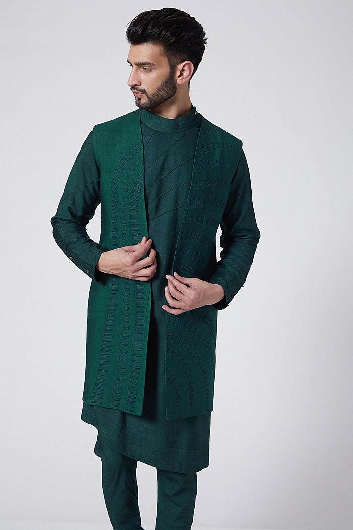 Teal Green Kurta Set With Shrug by Jatin Malik at Pernia's Pop Up Shop