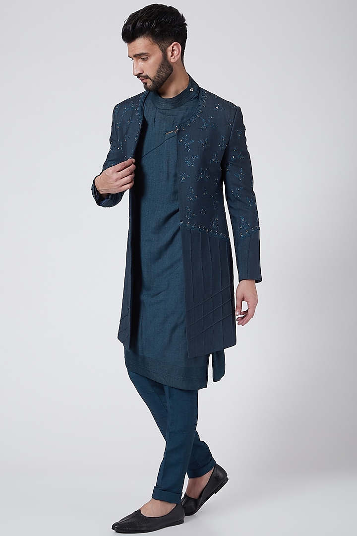 Teal Blue Jacket Set by Jatin Malik