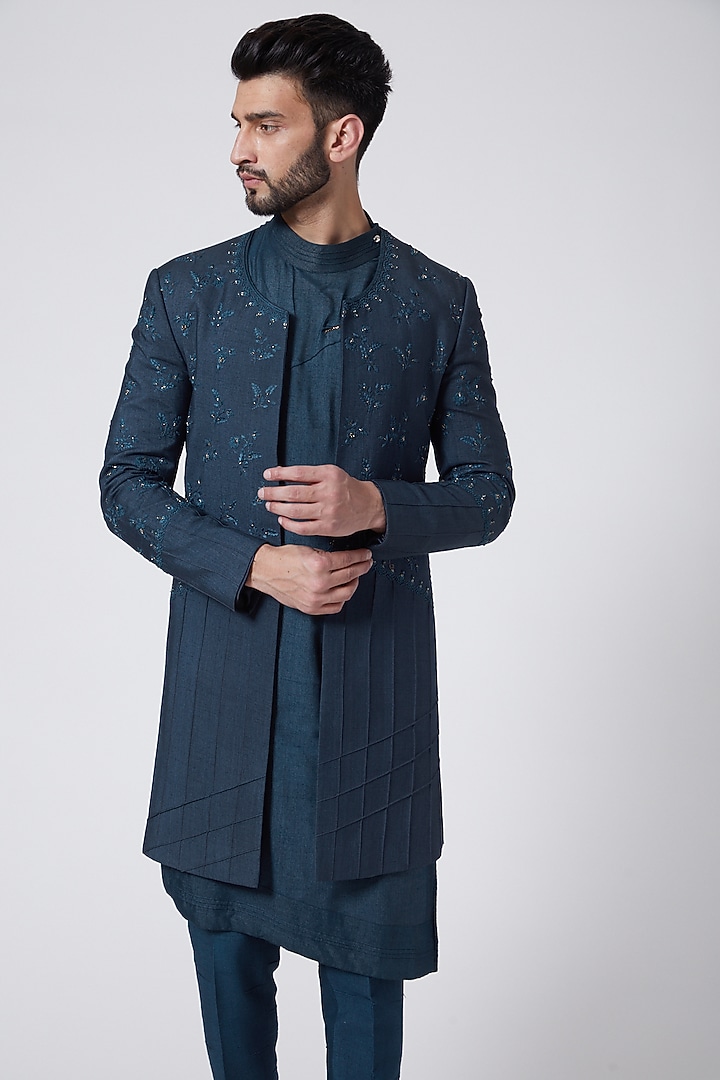 Teal Blue Jacket Set by Jatin Malik at Pernia's Pop Up Shop