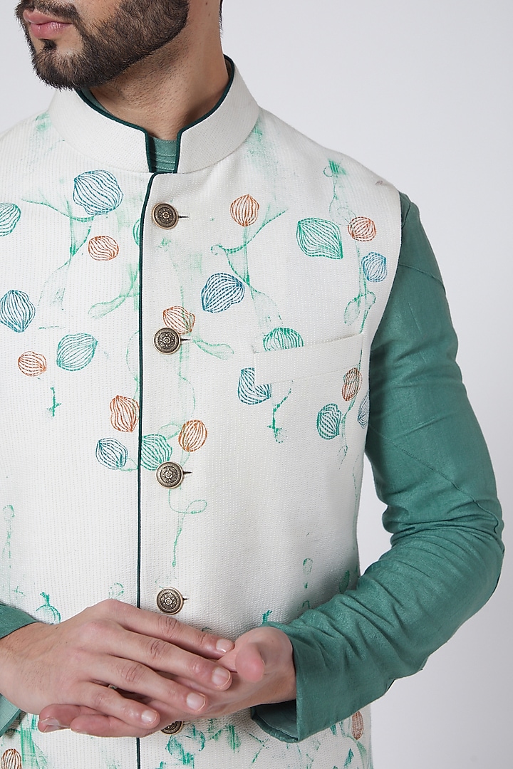 Ivory Cotton & Silk Hand Painted Nehru Jacket Set by Jatin Malik at Pernia's Pop Up Shop