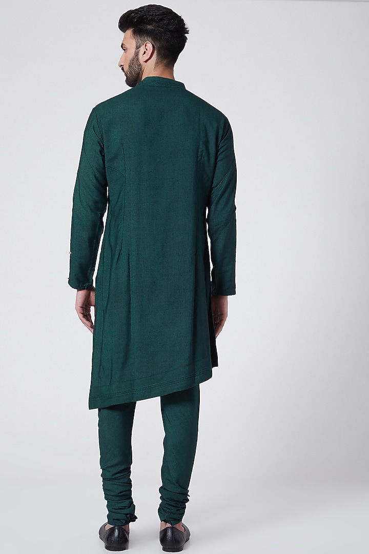 Forest Green Cotton & Silk Asymmetrical Kurta Set by Jatin Malik at Pernia's Pop Up Shop