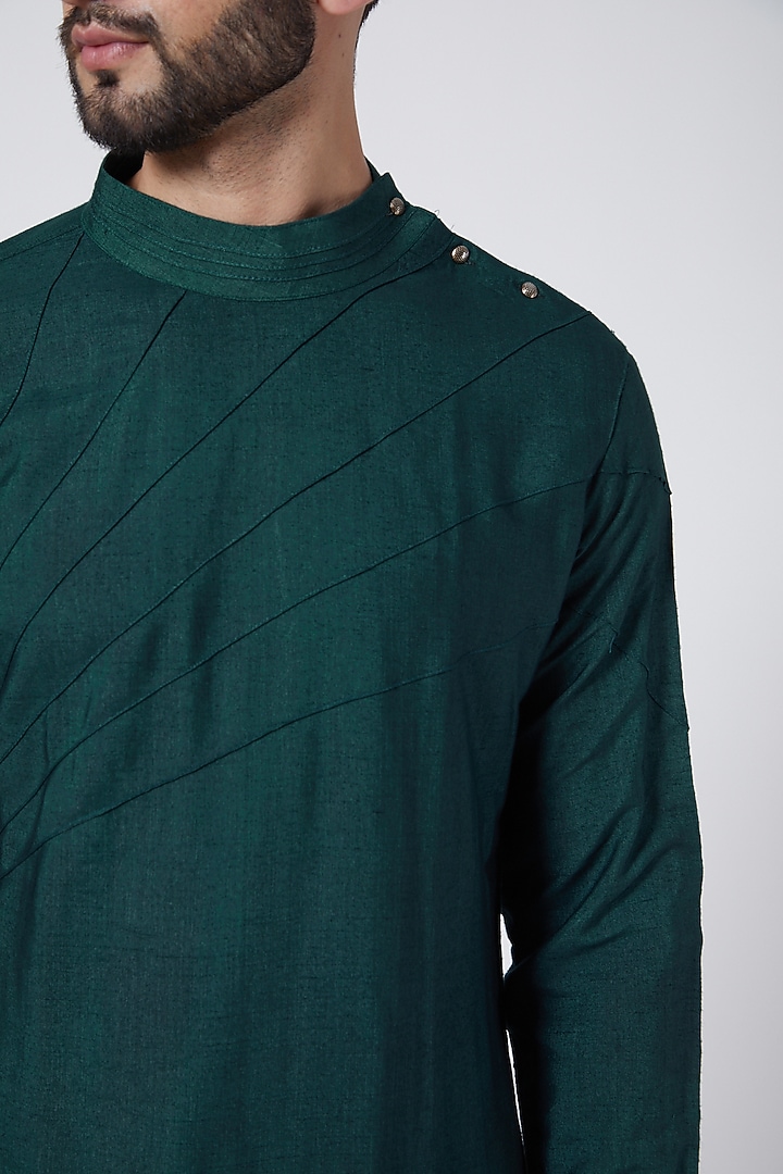 Forest Green Cotton & Silk Asymmetrical Kurta Set by Jatin Malik at Pernia's Pop Up Shop