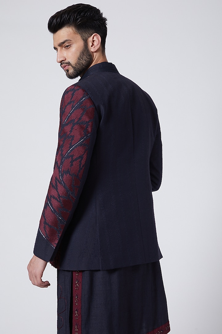 Midnight Blue Organza Applique Indo-Western Jacket Set by Jatin Malik at Pernia's Pop Up Shop