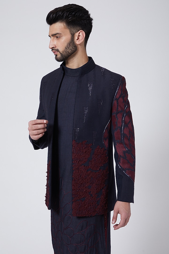 Midnight Blue Organza Applique Indo-Western Jacket Set by Jatin Malik at Pernia's Pop Up Shop