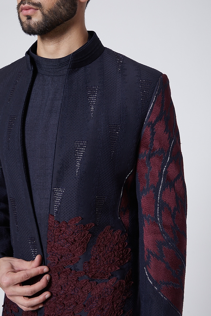 Midnight Blue Organza Applique Indo-Western Jacket Set by Jatin Malik at Pernia's Pop Up Shop