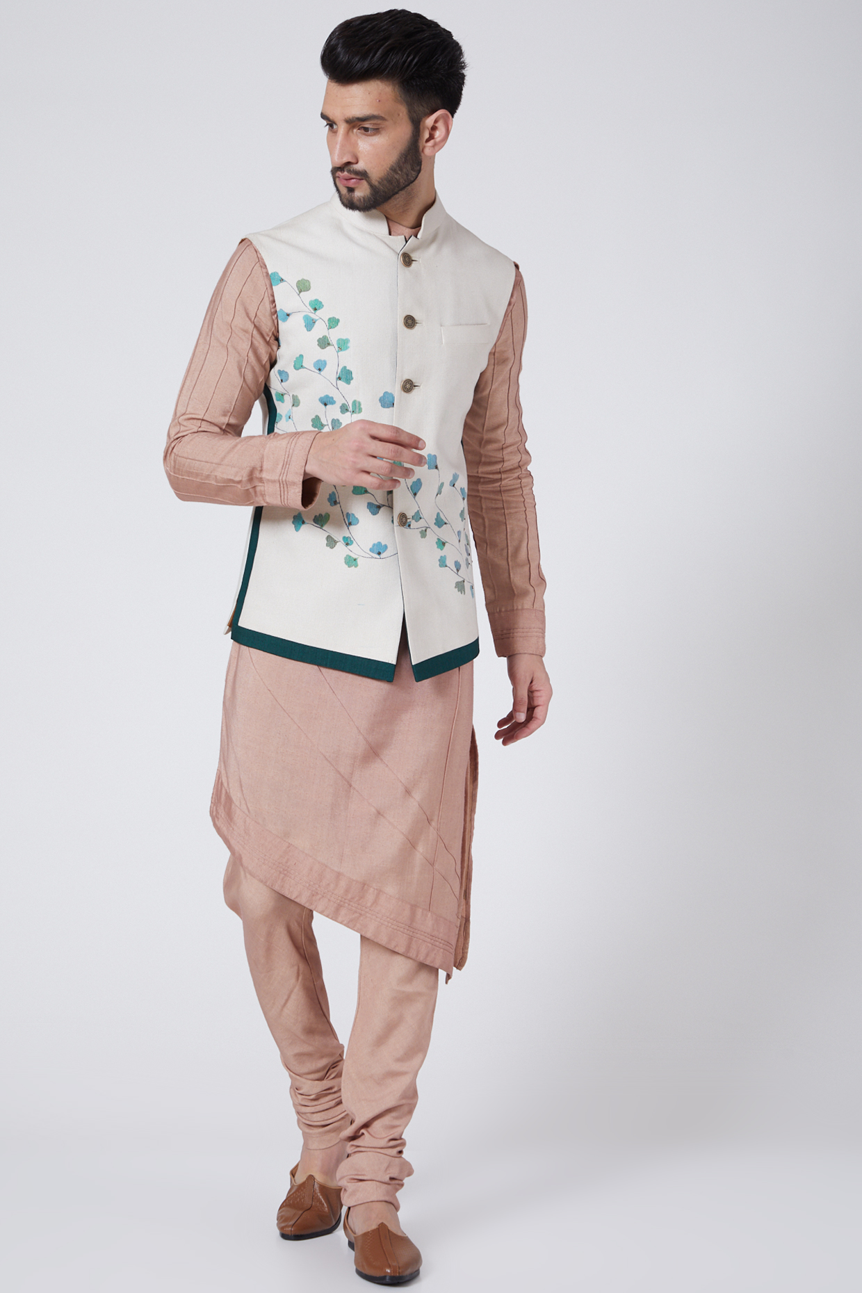 Ivory Cotton & Silk Hand Painted Nehru Jacket Set by Jatin Malik at Pernia's Pop Up Shop