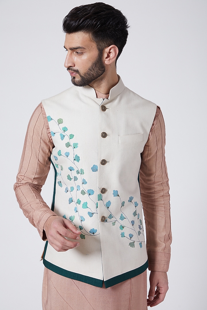 Ivory Cotton & Silk Hand Painted Nehru Jacket Set by Jatin Malik at Pernia's Pop Up Shop