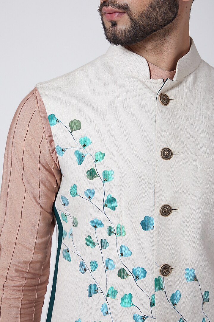 Ivory Cotton & Silk Hand Painted Nehru Jacket Set by Jatin Malik at Pernia's Pop Up Shop