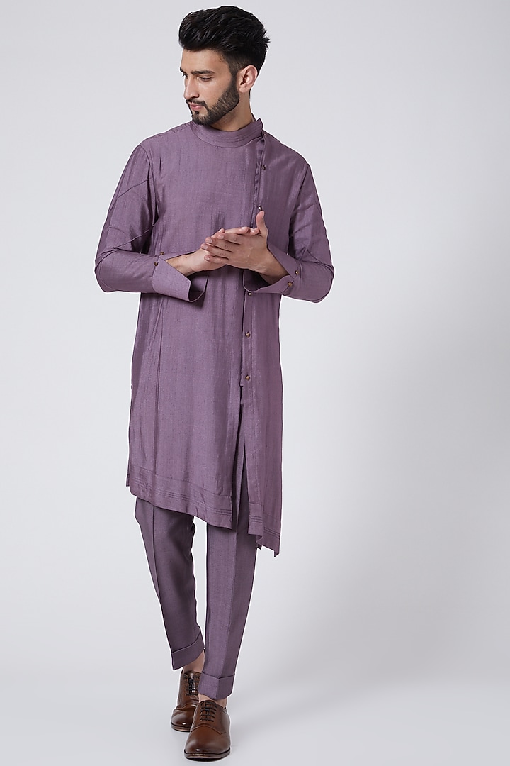 English Purple Cotton & Silk Asymmetric Kurta Set by Jatin Malik at Pernia's Pop Up Shop