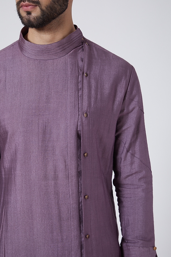 English Purple Cotton & Silk Asymmetric Kurta Set by Jatin Malik at Pernia's Pop Up Shop