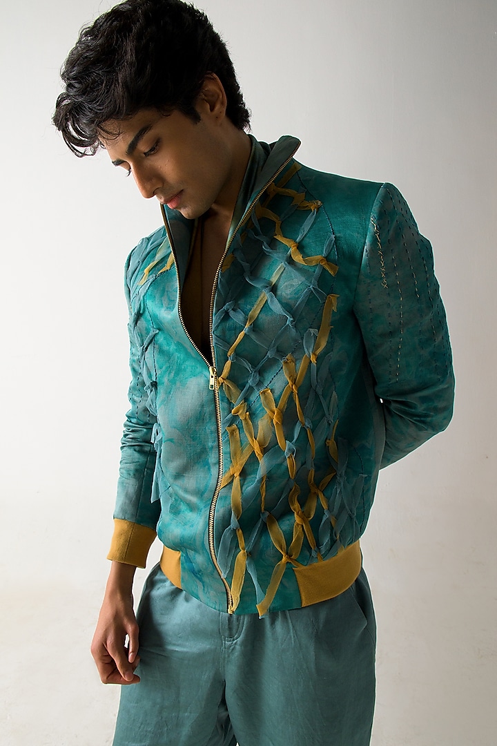 Chateau Grey & Mustard Linen Silk Bomber Jacket With Scarf by Jatin Malik