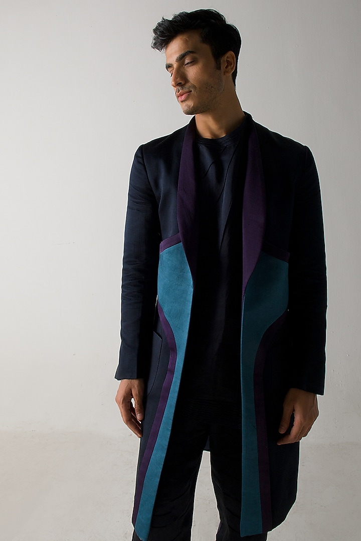 Midnight Blue Linen Silk Overcoat by Jatin Malik