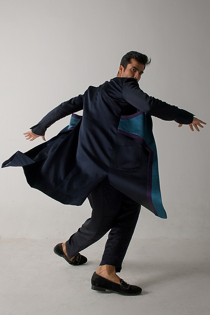 Midnight Blue Linen Silk Overcoat by Jatin Malik at Pernia's Pop Up Shop