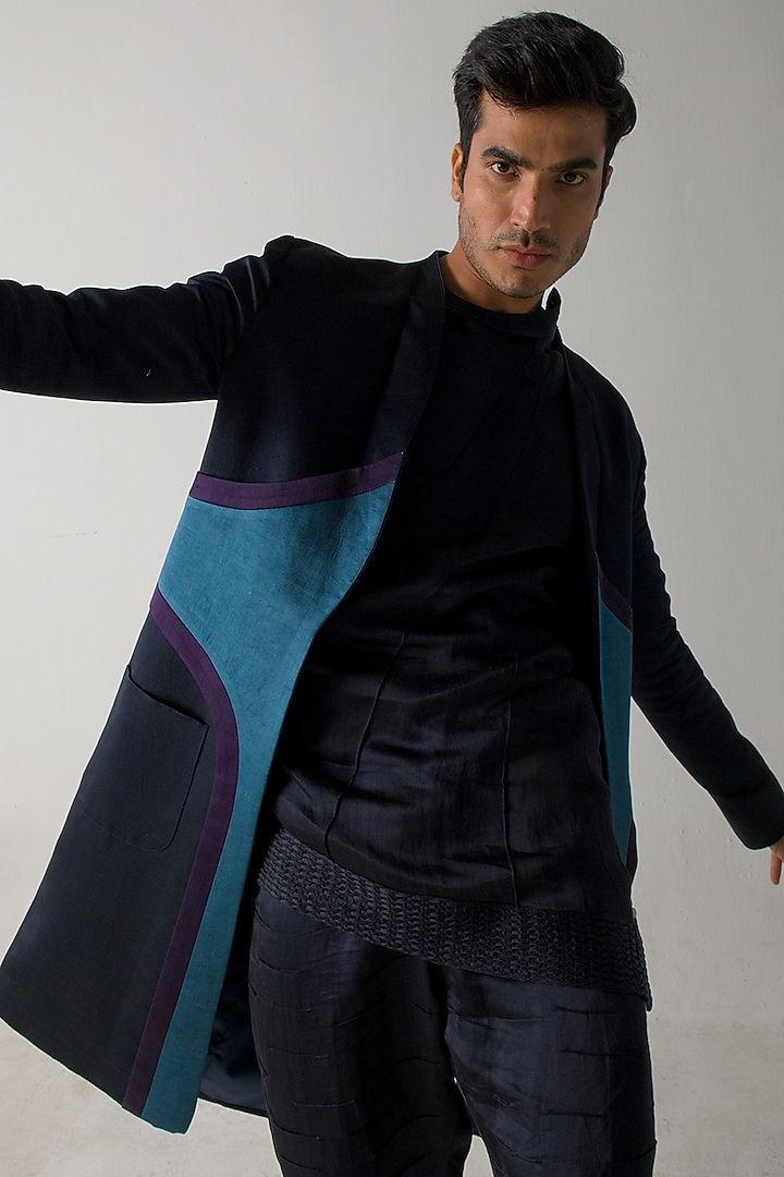 Midnight Blue Linen Silk Overcoat by Jatin Malik at Pernia's Pop Up Shop
