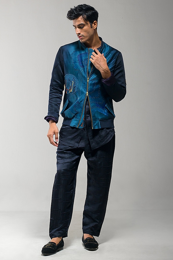 Midnight Blue & Teal Ombre Linen Silk Embroidered Bomber Jacket by Jatin Malik